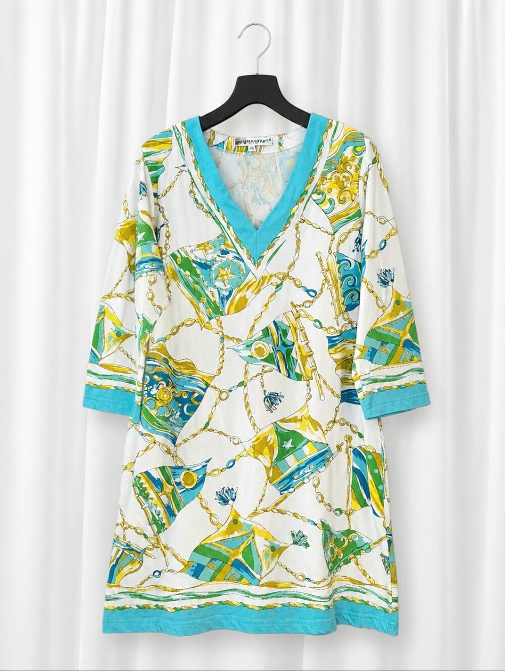 Barbara Gerwit Maritime Nautical Flag Chain Print Blue Green Stretch Shift Dress